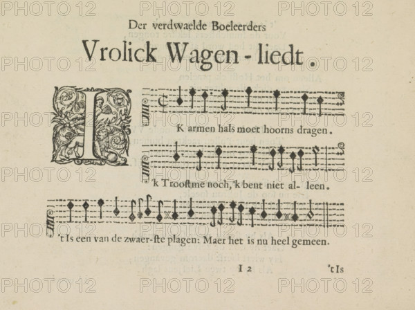 Der verdwaelde Boeleerders vrolick wagen-liedt, Wagon song, page 1, Les abus du mariage, album leaf, text sheet, Wagon song on seven pages: page 1. Four lines of verse in Dutch under three staves. The text begins with a decorated initial I. The sheet is part of an album., writer (clerical worker): Crispijn van de Passe (II), Amsterdam, 1641, writer (clerical worker), printer (person), paper, letterpress printing, woodcut, text and musical notation in letterpress, height 140 mm x width 190 mm, initial, A sheet of aged paper with printed musical notation and decorative elements, showing horizontal staff lines with filled note shapes and clef-like symbols, an ornate initial vignette featuring intertwined foliage and figures, and several lines of printed words partially visible above and below the staves, all rendered in dark ink on a light, slightly textured background.