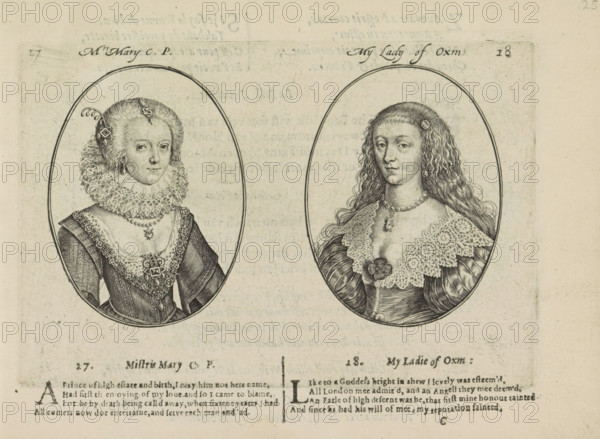 Mrs Mary CP, My Lady of Oxm., Portraits of the courtesans named Mistress Mary CP and Lady of Oxm., Miroir des plus belles courtisanes de ce temps, print, album page, Series number, 17-18, 40, Two depictions on an album page. On the left the courtesan Mary CP and on the right Lady of Oxm., from London. Below that two quatrains in English. The sheet is part of an album., printmaker: Crispijn van de Passe (II), Utrecht, 1635, writer (clerical worker), printer (person), paper, engraving, letterpress printing, text in letterpress, height 106 mm x width 158 mm, herding, herdsman, herdswoman, shepherd, shepherdess, cowherd, Two oval framed engraved portraits of women appear side by side on a pale textured background, each showing the sitter from the chest upward. The left portrait shows a woman wearing an ornate ruffled high collar and a dark dress decorated with patterned bands and a large jeweled pendant, her hair styled up with decorative hairpieces and a small curl at the forehead, and a ...