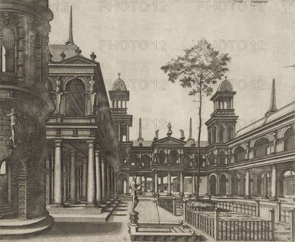 Courtyard surrounded by a colonnade in the Tuscan order, Variae architecturae formae, print, album page, ornamental print, Series number, 11, 20, Courtyard surrounded by a colonnade in the Tuscan order. On the left, the lower two floors of a stair tower are visible. In the foreground, a fountain with a statue of a man with a jug., printmaker: Johannes or Lucas van Doetechum, Antwerp, after design by Hans Vredeman de Vries, publisher: Theodoor Galle, 1601, paper, engraving, height 212 mm x width 255 mm, garden, colonnade, ornamental fountain, village square, A detailed monochrome architectural engraving shows a classical courtyard with colonnades, arches, and balustrades. Large fluted columns support entablatures and pediments adorned with statues and ornamental urns. Domed cupolas and tall spires rise above rooftop cornices. A tall, thin tree stands among the buildings. Figures on pedestals and small sculpted statues decorate rooflines and ledges. A statue of a standing figure is posit...