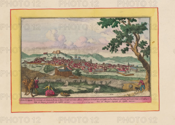 Burgos, the head of ancient Castile, on the Atlantic Sea, whose waters are received from the Douro River, View of the city of Burgos, Theatrum Hispaniae, print, album page, book illustration, View of the Spanish city of Burgos. Below the image a title in Latin, Spanish, Dutch and French. Print is part of an album., printmaker: Pieter van den Berge, Amsterdam, grantor of privilege: States of Holland and West Friesland, colorer (graphic design artist): Anna Beeck, The Hague, 1694 - 1737, colorer (graphic design artist), paper, etching, hand coloring, etching hand-colored in pink, green, blue, and yellow, printed on album page, a yellow frame with a red border around the plate edge, height 172 mm x width 260 mm, A colored illustration framed by a wide yellow and red border shows a panoramic view of a town set against rolling green hills under a sky with soft pastel clouds. In the foreground a large tree with textured bark and green foliage leans from the right edge over a pastoral scene w...