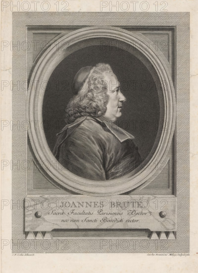 Joannes Bruté, Portrait of Jean Bruté, print, album page, Print is part of an album., printmaker: Carlo Domenico Melini, after drawing by Charles Nicolas Cochin (II), 1760, paper, engraving, etching, etching and engraving, pasted on album page, height 275 mm x width 198 mm, Person, Jean Bruté, historical persons, A detailed engraved portrait shows a man in profile facing right inside an oval frame set within a rectangular architectural border. He has curled hair at the sides and back, a smooth forehead, and a cap on top of his head. He wears a heavy draped garment with visible folds and a broad collar. The oval frame has concentric decorative bands and is surrounded by finely hatched background shading. The rectangular border has patterned engraved textures and corner details. Below the oval is a plaque with decorative fasteners on each side and a patterned lower edge. The image is monochrome with fine line work and subtle variations in shading.