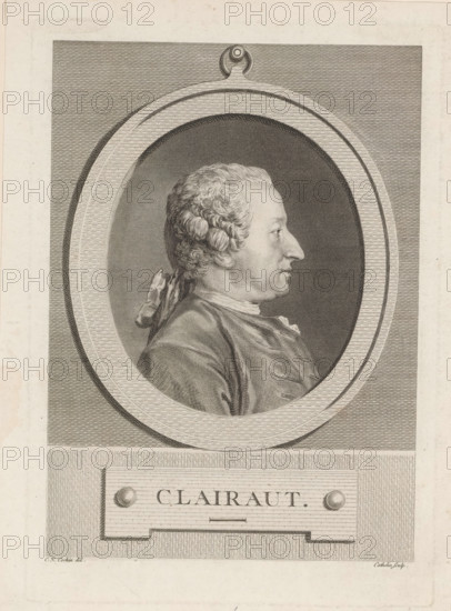 Clairaut, Portrait of Alexis-Claude Clairaut, print, album page, Print is part of an album., printmaker: Louis Jacques Cathelin, after drawing by Charles Nicolas Cochin (II), 1755 - 1804, paper, engraving, etching, etching and engraving, pasted on album page, height 270 mm x width 190 mm, Person, Alexis-Claude Clairaut, historical persons, A detailed engraved profile portrait of a man facing to the right, shown inside an oval frame with a decorative hanging element at its top, the man wearing a tied hair ribbon and a draped garment, rendered with fine crosshatching against a textured oval background and surrounded by a patterned rectangular field with a rectangular plaque below the frame.