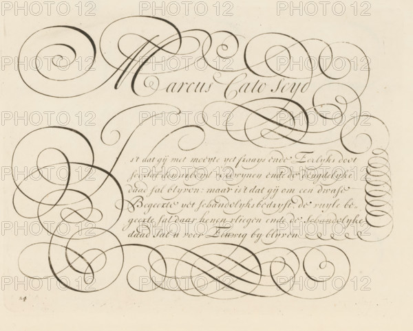 Writing example: Marcus Cato Seyd, print, album page, ornamental print, Series number, 24, printmaker: Bastiaan Boers, printmaker: Maarten Boers, 1660 - 1751, paper, engraving, gravure, height 163 mm x width 210 mm, calligraphy, A sheet of aged paper filled with elaborate dark ink calligraphic flourishes and sweeping spirals, with a central horizontal band of fine cursive script surrounded by large looping ornamental strokes, and a vertical column of tight coil-like loops along the right edge, all rendered in varying line thicknesses on a light background.