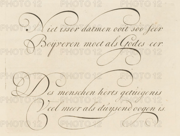 Writing example: Niet isser datmen ooit soo seer, print, album page, ornamental print, printmaker: Bastiaan Boers, printmaker: Maarten Boers, 1660 - 1751, paper, engraving, gravure, height 159 mm x width 209 mm, calligraphy, A close-up of a cream-colored sheet filled with elegant dark ink calligraphic flourishes and sweeping curved strokes, showing thick and thin pen lines and ornate loops occupying the upper and middle portions of the page, with faint paper texture and slight aging spots visible against the background.