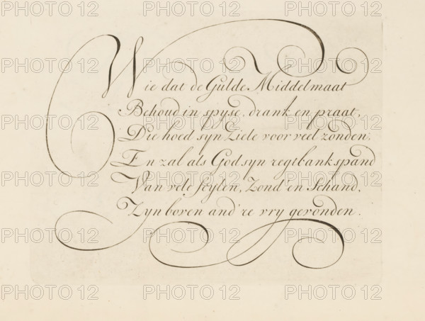 Writing example: Wie dat de Gulde Middelmaat, print, album page, ornamental print, printmaker: Bastiaan Boers, printmaker: Maarten Boers, 1660 - 1751, paper, engraving, gravure, height 163 mm x width 210 mm, calligraphy, A cream-colored sheet with elegant dark flourished pen strokes forming large looping curves and finer looping lines arranged in horizontal lines across the page, showing variations in line thickness and smooth calligraphic shapes that create decorative spirals and swashes against the plain background.