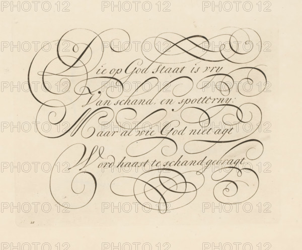 Writing example: He who stands on God is free, print, album page, ornamental print, Series number, 21, printmaker: Bastiaan Boers, printmaker: Maarten Boers, 1660 - 1751, paper, engraving, gravure, height 165 mm x width 211 mm, calligraphy, A section of beige paper filled with dark flowing calligraphic strokes and large ornamental swirls, showing multiple elegant curved lines and loops that vary in thickness and overlap each other, with subtle speckles and faint smudges on the background and rounded corners visible at the edges.