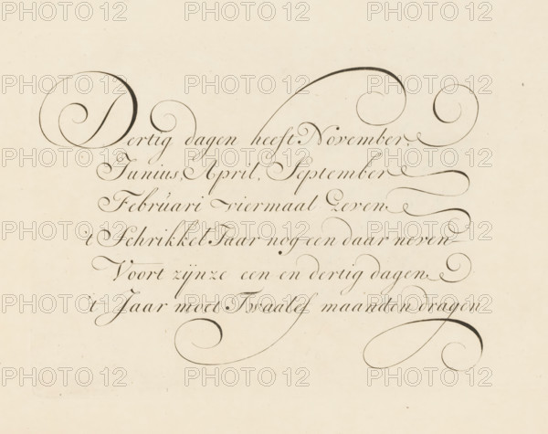 Writing example: November has thirty days, print, album page, ornamental print, printmaker: Bastiaan Boers, printmaker: Maarten Boers, 1660 - 1751, paper, engraving, gravure, height 163 mm x width 208 mm, calligraphy, A cream-colored sheet covered with elegant dark brown calligraphic strokes forming large looping flourishes and flowing cursive lines arranged in horizontal rows, with prominent sweeping swirls at the top and bottom and delicate thin strokes between, all on a slightly textured background.