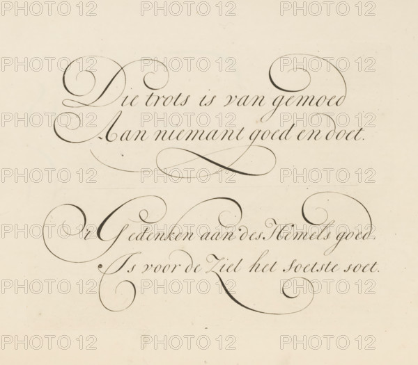 Writing example: That pride is of mind, print, album page, ornamental print, printmaker: Bastiaan Boers, printmaker: Maarten Boers, 1660 - 1751, paper, engraving, gravure, height 163 mm x width 209 mm, calligraphy, Cream-colored paper with ornate dark gray calligraphic swirls and flourishes arranged in horizontal bands, featuring elegant looping strokes and thin hairline curves that form decorative shapes across the upper and middle areas, with faint speckles and minor smudges on the paper surface and a large empty expanse toward the lower portion.