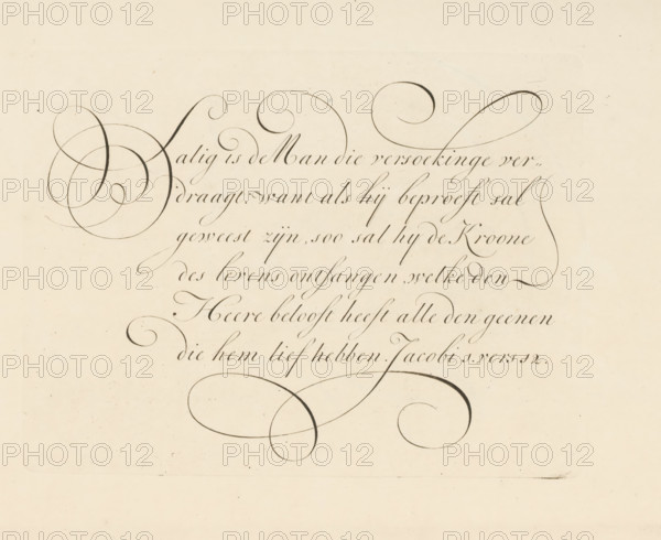 Writing example: Blessed is the Man, print, album page, ornamental print, printmaker: Bastiaan Boers, printmaker: Maarten Boers, 1660 - 1751, paper, engraving, gravure, height 159 mm x width 209 mm, calligraphy, A pale cream sheet with dark flowing calligraphic strokes forming large decorative loops and elegant cursive lines across the upper and middle area, with thin, precise inked flourishes and wide sweeping curves extending toward the edges, and a large ornamental loop near the lower center; faint paper texture and tiny specks are visible across the background.