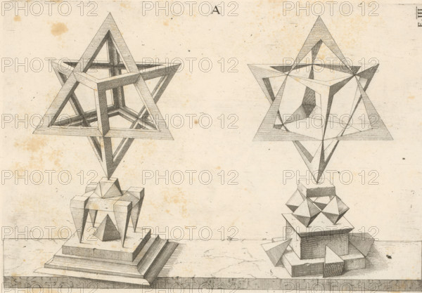 Two polyhedra with a tetrahedron as a starting point, print, book illustration, page, The geometric figures (polyhedra) become more complex from left to right. Labeled as 'A' and numbered: E.III. This print is part of a book., printmaker: Jost Amman, after design by Wenzel Jamnitzer, Nuremberg, 1568, Bavaria, paper, etching, height 260 mm x width 177 mm, A sepia-toned drawing shows two geometric star-shaped structures each balanced on stacked blocky pedestals, with the left structure more solidly shaded and the right structure composed of thinner intersecting planes; both stars have triangular points and internal interlocking forms, and both pedestals consist of stepped platforms and angular blocks with hatched shading, all set on a horizontal base line and surrounded by speckled paper texture and small stains.
