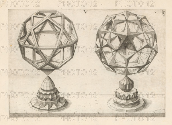 Two polyhedra with an icosahedron as a starting point, print, book illustration, page, The geometric figures (polyhedra) become more complex from left to right. Labeled as 'V' and numbered: F.VI. This print is part of a book., printmaker: Jost Amman, after design by Wenzel Jamnitzer, Nuremberg, 1568, Bavaria, paper, etching, height 260 mm x width 177 mm, Two intricately drawn geometric spheres sit on ornate pedestal bases against a light, slightly textured background. The left sphere is an open-frame polyhedron composed of triangular and pentagonal faces with visible inner beams and cross-hatching to indicate shading, connected to a faceted conical connector that leads to a tiered base of angular, repeating geometric shapes and textured shading. The right sphere is a denser faceted polyhedral form with many triangular facets and shaded planes creating star-like recesses, attached to a similarly faceted connector and a layered pedestal with alternating bands of textured, angular element...