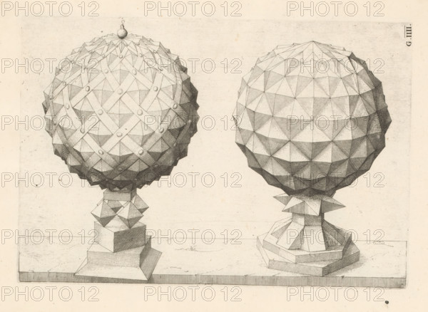 Two polyhedra with a sphere as a starting point, print, book illustration, page, The geometric figures (polyhedra) become more complex from left to right. Numbered: G.IIII. This print is part of a book., printmaker: Jost Amman, after design by Wenzel Jamnitzer, Nuremberg, 1568, Bavaria, paper, etching, height 258 mm x width 177 mm, Two large geometric spherical sculptures sit on pedestals, each sphere composed of many triangular facets and shaded with fine crosshatching; the left sphere has diagonal band-like elements with circular studs and a small ornament crowning its top, while the right sphere shows uninterrupted triangular panels. Both pedestals are made of stacked angular blocks with shaded faces, and the objects rest on a flat base with faint surface marks and subtle speckling on the background.