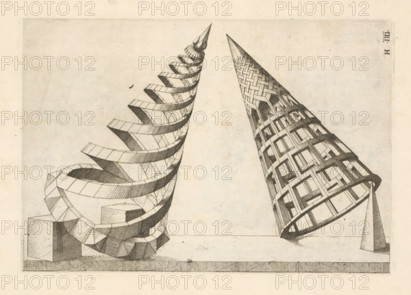 Two polyhedra with a cone as a starting point, print, book illustration, page, Complex geometric figures (polyhedra). Numbered: H.IIII. This print is part of a book., printmaker: Jost Amman, after design by Wenzel Jamnitzer, Nuremberg, 1568, Bavaria, paper, etching, height 261 mm x width 178 mm, Two tall cone-shaped structures stand on a flat surface against a plain background; the left cone is composed of a spiraling ribbon-like band with angular segmented facets and crosshatched shading, ending in a bulbous pointed top, while the right cone displays a lattice pattern of interlocking geometric panels with visible depth and shadow, also tapering to a sharp point; both structures cast subtle shadows onto the base and the composition is rendered in fine line work on a light, slightly speckled paper.