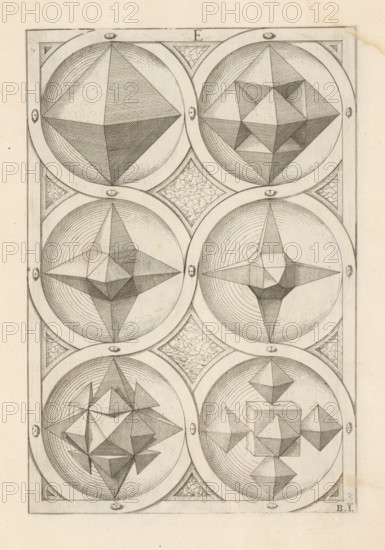 Six polyhedra with an octahedron as a starting point, print, book illustration, page, The geometric figures (polyhedra) become more complex from top to bottom. Numbered bottom right: BI This print is part of a book., printmaker: Jost Amman, after design by Wenzel Jamnitzer, Nuremberg, 1568, Bavaria, paper, etching, height 254 mm x width 171 mm, A vertical sheet with a repeating grid of circular frames containing geometric, faceted polyhedral forms rendered in fine engraved lines, each circle showing a different three-dimensional shape composed of triangular and polygonal planes shaded with parallel hatch strokes, the circles arranged in pairs separated by diamond-shaped panels filled with organic, cloud-like engraving, a thin rectangular border around the whole composition with small circular decorative elements at the intersections, and faint paper discoloration along the outer edge.