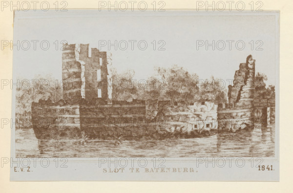 Batenburg Castle, Photographic reproduction of a print of the ruins of Batenburg Castle, photograph, reproduction, page, photographer: Benjamin Charlé (possibly), after print by anonymous, c. 1903 - in or before 1908, after print by, paper, pasteboard, baryta paper, daylight collodion silver print, height 150 mm x width 195 mm, ruin of a dwelling, house, castle, Batenburg, A sepia-toned etching shows a ruined stone castle beside a body of water, with tall broken towers and jagged walls reflected in the water below. Trees and foliage rise behind and between the crumbling masonry, and the foreground water has horizontal etched lines indicating ripples. The image is framed by a pale border and mounted on a lighter background.