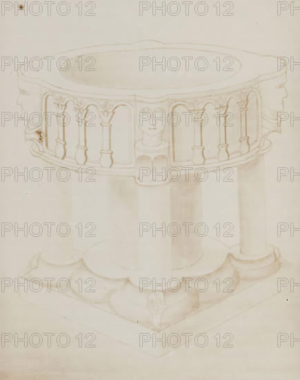 Photo reproduction of a drawing of the baptismal font in the Old St. Victor Church in Batenburg, photograph, reproduction, page, photographer: Benjamin Charlé (possibly), after drawing by anonymous, c. 1903 - in or before 1908, paper, pasteboard, baryta paper, daylight collodion silver print, height 150 mm x width 195 mm, baptismal font, Batenburg, Oude Sint-Victorkerk, A pale pencil sketch of a round elevated structure with a wide circular top and an inner recessed area, supported by columns standing on a layered base, with a decorative balustrade around the top featuring slender columns and arched openings, three stylized faces integrated into the balustrade at intervals, two in profile at opposite sides and one facing forward, and faint shading and smudges throughout the drawing.