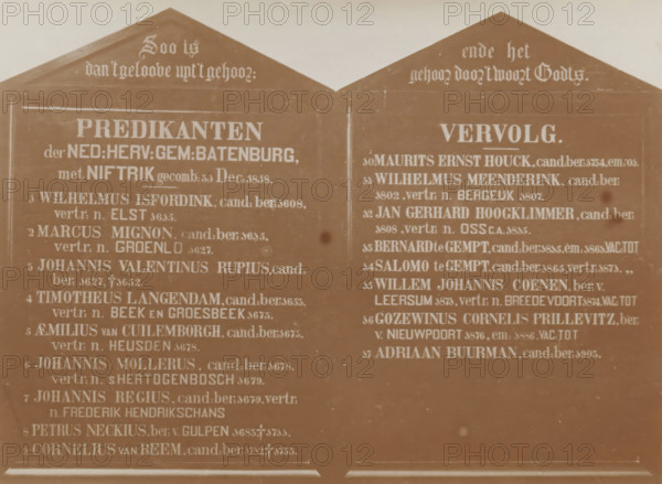 Plate with names of former ministers from Batenburg, photograph, page, photographer: Benjamin Charlé (possibly), c. 1903 - in or before 1908, paper, pasteboard, baryta paper, daylight collodion silver print, height 150 mm x width 195 mm, organization, functionaries and dignitaries in Roman Catholic church, clergy in general, A close-up view of two adjacent vertical panels with peaked tops mounted side by side, each panel filled with rows of light-colored lettering against a darker background; the left panel shows a large bold heading near the top and multiple lines of smaller text below, while the right panel displays a separate bold heading and corresponding lines of smaller text; both panels have thin rectangular borders and visible wear marks and spots on their surfaces, with the peaked tops showing decorative script and the overall image rendered in a sepia tone.