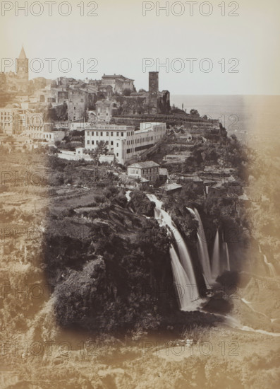 Waterfalls of Tivoli, Italy, album page, photograph, This photo is part of an album., Tivoli, 1870 - 1890, photographer, paper, albumen print, height 375 mm x width 275 mm, city-view in general, 'veduta', landscapes with waters, waterscapes, seascapes (in the temperate zone), waterfall, A hillside town with clustered stone buildings and a tall bell tower sits above terraces and vegetation, a rectangular multi-story building with rows of windows stands prominently near the cliff edge, nearby smaller structures and houses are scattered down the slope, a tall square tower rises among older stone buildings, terraces and garden plots cut into the hillside, trees and shrubs dot the landscape, a series of waterfalls cascade over the cliff into a rocky gorge below, water streams form blurred white ribbons as they fall, rocky outcrops and dense foliage surround the waterfall, the sky above is pale and open.