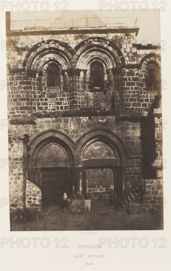 Facade of the Church of the Holy Sepulcher, Jerusalem, Jérusalem. Saint Sepulcre. Façade, photograph, page, photographer: Auguste Salzmann, printer (person): Louis-Désiré Blanquart-Evrard, Lille, publisher: Gide et J. Baudry, Paris, 1854 - 1856, printer (person), pasteboard, paper, salted paper print, height 217 mm x width 151 mm, Photo on unnumbered page., parts of church exterior and annexes: facade, Church of the Holy Sepulcher, A sepia-toned photograph of a stone building façade showing layered arches and rectangular blocks of masonry, with two large rounded archways at ground level and a pair of smaller rounded windows above, decorative concentric ridged molding around the arches, a narrow set of steps visible at one side, rough textured stone surfaces with patches of wear and shadow, and a small indistinct figure near the base of the façade.