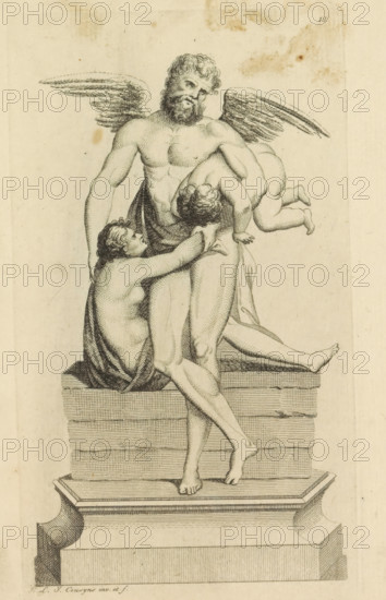 Saturn and Cybele, print, Sculpture of Saturn and Cybele. Sculpture made by Henry Coussyns. Numbered in the upper right corner of the plate: 12. Part of the collection of figures and sculptures made of snow in the streets of Antwerp in January 1772., printmaker: Antoine Alexandre Joseph Cardon, Southern Netherlands, 1772 - 1773, paper, etching, engraving, height 171 mm x width 97 mm, (story of) Saturn (Cronus) - attributes, piece of sculpture, reproduction of a piece of sculpture (clay, sand, etc., arts), Antwerp, Period, 1772-01, A detailed monochrome engraving shows a bearded male figure with large feathered wings seated on a layered stone pedestal, his torso muscular and draped with cloth around his waist; a nude child clings to his thigh and another child is held across his lap with limbs dangling, while a third child with curly hair reaches up toward him from beside the pedestal; the pedestal displays carved horizontal lines and stepped moldings, and the background is plain with s...