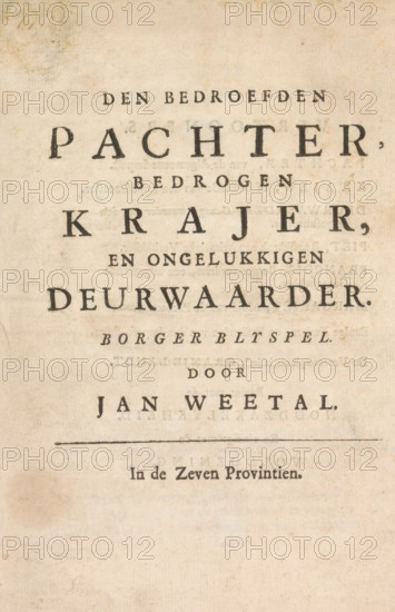 Title page of: Jan Weetal, Den Bedroefden Pachter, 1748, print, title page, bedrogen krajer, en helaasen deurwaarder. Burger Blyspel, by Jan Weetal, 1748. Title with allegorical vignette of a helmet in which an owl sits, flanked by two rabbits, on the left a putto with a pig's bladder with peas, at the bottom the motto: Schrik Niet., printmaker, after drawing by, publisher, Harderwijk, Northern Netherlands, paper, etching, engraving, letterpress printing, engraving and book printing, height 64 mm x width 83 mm, height 210 mm x width 160 mm, owls, rodents: rabbit, bladder with peas, children's games, Pachtersoproer (1747-1750), Amsterdam, Period, A vertically oriented aged paper page with printed dark serif text arranged in centered lines, showing letterpress impressions and uneven ink density, with a horizontal ruled line across the middle and areas of light foxing and stains, the paper surface exhibiting a warm beige tone, slight creases, and subtle texture variations.