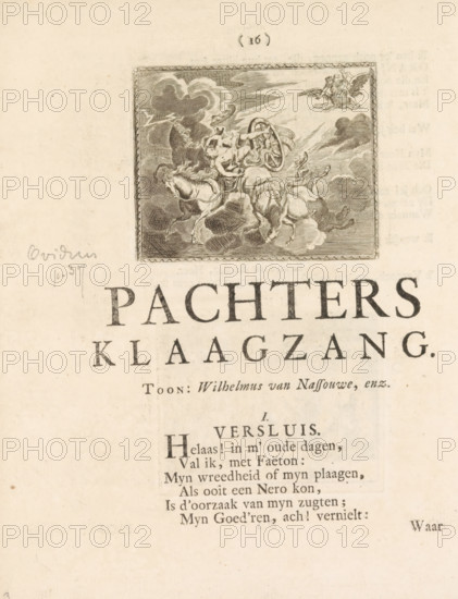 Fall of Phaethon, print, book illustration, The Fall of Phaethon's Sun Chariot. Illustration on p. 16, the Tenant's Lament, part of: The Grieving Tenant by Jan Weetal about the Tenant Uprising in 1748., printmaker, publisher, Harderwijk, Northern Netherlands, paper, etching, engraving, letterpress printing, engraving and book printing, height 66 mm x width 82 mm, height 210 mm x width 160 mm, he is struck by a thunderbolt of Jupiter, Tenant Uprising (1747-1750), Amsterdam, Period, 1748, A faded printed page with a rectangular engraved illustration near the top showing a chariot driven by a figure drawn by horses amid swirling clouds and a small winged figure in the sky, surrounded by a decorative border; beneath the illustration is a large bold word in capital letters and additional printed lines of text in a serif typeface arranged in centered blocks, with a handwritten note in pencil at the left margin and small printed type near the bottom.