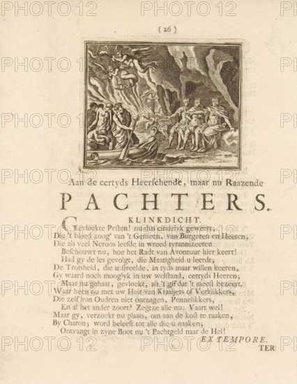 Charon's Boat, print, book illustration, Arrival of Charon's boat in the underworld. Illustration for the Rhyming Poem to the Tenants on p. 26, part of: The Grieving Tenant by Jan Weetal about the Tenant Uprising in 1748., printmaker, publisher, Harderwijk, Northern Netherlands, paper, etching, engraving, letterpress printing, engraving and book printing, height 69 mm x width 85 mm, height 210 mm x width 160 mm, Charon, the ferryman, Tenant Uprising (1747-1750), Amsterdam, Period, 1748, A rectangular framed engraving near the top center depicts a scene with a small boat in the foreground carrying robed figures and a standing oarsman holding a pole, waves shown beneath the boat, to the right a rocky shore where three seated crowned figures draped in robes face the boat, behind them rising rock formations and shadowed textures, above and behind the boat swirling flame-like shapes and winged cherub-like figures in motion, the engraving is surrounded by a blank margin and sits above a larg...