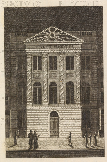 Illumination of Felix Meritis, 1816, print, The facade of Felix Meritis illuminated on the occasion of the entry of the Prince and Princess of Orange into Amsterdam, September 19, 1816. Belongs to the four illustrations in the Dutch Orange Almanac for 1817., printmaker, publisher, Amsterdam, Netherlands, paper, etching, engraving, height 150 mm x width 95 mm, Person, Anna Paulowna Romanowa, William II of the Netherlands, decoration and illumination of streets, squares, etc. (, triumphal entry, etc.) (illumination, fire-works, festive activities), Felix Meritis, Period, 1816-09-19, A tall, classical building facade with a triangular pediment and decorative circular motif at its center sits against a dark background, featuring three vertical columns with twisted fluting framing arched and rectangular windows, a large central doorway with an arched surround on the lower level, horizontal banding on the ground floor, and rectangular panels beneath the upper windows; small groups of people ...
