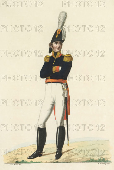 Major General, in formal attire, print, A Dutch Major General in formal attire. Plate 1. Uniform representation in 'Description of the Royal Dutch Troops' by JF Teupken, 1823., printmaker: K. Portman, Netherlands, after drawing by Bartholomeus Johannes van Hove, publisher: Jan Frederik Teupken, publisher: Gebroeders van Cleef, printer (person): Giunta d'Albani, Gebroeders, The Hague, 1823, K. Portman, Bartholomeus Johannes van Hove, Jan Frederik Teupken, Gebroeders van Cleef, Giunta d'Albani, printer (person), paper, etching, engraving, hand coloring, etching and engraving, hand colored, height 300 mm x width 205 mm, (military) uniforms, uniform, Period, 1820 - 1823, A full-length color illustration of a man standing on a grassy, sandy ground wearing a dark military coat with gold epaulettes and buttons, light trousers, and tall black boots; he has his arms crossed, a sword hanging at his side from a red sash, and a tall dark bicorne hat adorned with a large white plume and a small col...