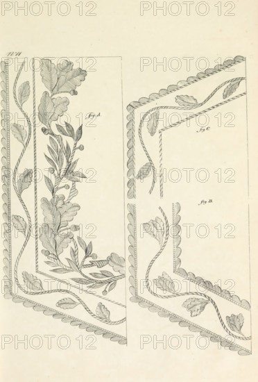 Embroidery of the uniform of the Officers of the Military Administration, print, Embroidered decorations for the uniforms of Dutch officers of the military administration. Plate 11. Uniform representation in 'Description of the Royal Netherlands troops' by JF Teupken, 1823., printmaker, publisher, printer (person), Netherlands, The Hague, paper, etching, engraving, etching and engraving, height 300 mm x width 205 mm, (military) uniforms, uniform, military administration, Period, 1820 - 1823, A pale sheet with delicate dark line drawings of ornamental corner borders showing flowing leafy vines and scalloped edging, with one larger rectangular corner filled with detailed acorn-like buds and layered leaves and a twisted rope-like inner border, and a narrower adjacent corner showing similar wavy vines and paired leaves along a scalloped outer edge, all rendered in fine hatching and contour lines on an off-white background.