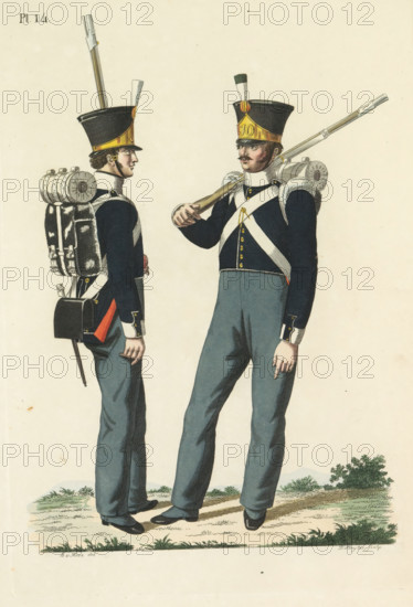 Flanker and Fusilier, of the National Infantry, print, A Dutch flanker and a fusilier of the 10th Regiment of the National Infantry, seen from the front and from the back. Plate 14. Uniform representation in 'Description of the Royal Dutch Troops' by JF Teupken, 1823., printmaker: Dirk Sluyter, Netherlands, after drawing by Bartholomeus Johannes van Hove, publisher: Jan Frederik Teupken, publisher: Gebroeders van Cleef, printer (person): Giunta d'Albani, Gebroeders, The Hague, 1823, Dirk Sluyter, Bartholomeus Johannes van Hove, Jan Frederik Teupken, Gebroeders van Cleef, Giunta d'Albani, printer (person), paper, etching, engraving, hand coloring, etching and engraving, hand colored, height 300 mm x width 205 mm, (military) uniforms, uniform, infantry, flankeurs, fusiliers, Period, 1820 - 1823, Two men in dark blue military jackets and light blue trousers stand facing each other on a grassy patch. Both wear tall black hats with a gold band and a white plume, white cross-belts over their...
