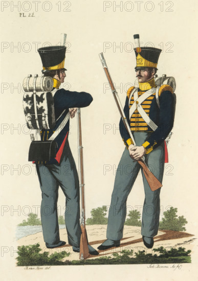 Flanker and Fusilier of the Swiss Regiment No. 32, print, A flanker and fusilier of the Swiss Regiment No. 32. Plate 22. Uniform representation in 'Description of the Royal Netherlands troops' by JF Teupken, 1823., printmaker: Joannes Bemme, Netherlands, after drawing by Bartholomeus Johannes van Hove, publisher: Jan Frederik Teupken, publisher: Gebroeders van Cleef, printer (person): Giunta d'Albani, Gebroeders, The Hague, 1823, Joannes Bemme, Bartholomeus Johannes van Hove, Jan Frederik Teupken, Gebroeders van Cleef, Giunta d'Albani, printer (person), paper, etching, engraving, hand coloring, etching and engraving, hand colored, height 300 mm x width 205 mm, (military) uniforms, uniform, infantry, flankers, fusiliers, Period, 1820 - 1823, Two uniformed soldiers standing on a grassy patch by a body of water, both wearing tall black hats with yellow bands and white plumes, dark blue jackets with yellow trim and shoulder epaulettes, white crossbelts across their chests, grey trousers, a...