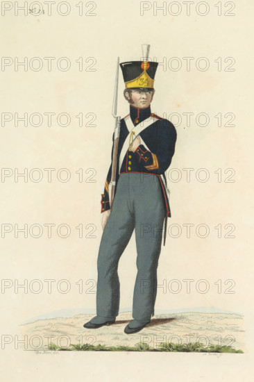 Fuselier of the Garrison Battalion, print, A Dutch fusilier of Garrison Battalion No. 34. Plate 24. Uniform representation in 'Description of the Royal Netherlands Troops' by JF Teupken, 1823., printmaker: Antoni Zürcher, Netherlands, after drawing by Bartholomeus Johannes van Hove, publisher: Jan Frederik Teupken, publisher: Gebroeders van Cleef, printer (person): Giunta d'Albani, Gebroeders, The Hague, 1823, Antoni Zürcher, Bartholomeus Johannes van Hove, Jan Frederik Teupken, Gebroeders van Cleef, Giunta d'Albani, printer (person), paper, etching, engraving, hand coloring, etching and engraving, hand colored, height 300 mm x width 205 mm, (military) uniforms, uniform, fusiliers, Period, 1820 - 1823, A full-length colored illustration of a standing soldier facing slightly to the side, wearing a dark jacket with red trim and decorative cuff details, light-colored crossbelts over the chest, and dark trousers; he holds a long musket with a bayonet upright beside him, one gloved hand res...