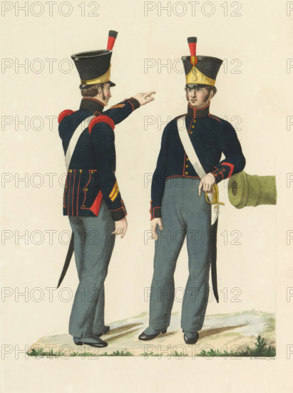 Corporal of Field Artillery, and Gunner of the 1st Class of the National Militia, print, A Dutch corporal of the field artillery and a gunner of the 1st Class of the National Militia. Plate 26. Uniform representation in 'Description of the Royal Dutch Troops' by JF Teupken, 1823., printmaker: K. Portman, Netherlands, after drawing by Bartholomeus Johannes van Hove, publisher: Jan Frederik Teupken, publisher: Gebroeders van Cleef, printer (person): Giunta d'Albani, Gebroeders, The Hague, 1823, K. Portman, Bartholomeus Johannes van Hove, Jan Frederik Teupken, Gebroeders van Cleef, Giunta d'Albani, printer (person), paper, etching, engraving, hand coloring, etching and engraving, hand colored, height 300 mm x width 205 mm, (military) uniforms, uniform, field artillery, Period, 1820 - 1823, Two men in dark blue military-style coats and gray trousers face each other on a light background, each wearing tall black hats with gold bands and red plumes; one man is shown from the back and side wi...