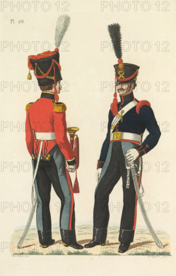 Gunner and Trumpeter, on foot, Mounted Artillery, print, A Dutch gunner and a trumpeter of the mounted artillery. Plate 28. Uniform representation in 'Description of the Royal Dutch Troops' by JF Teupken, 1823., printmaker: Dirk Sluyter, Netherlands, after drawing by Bartholomeus Johannes van Hove, publisher: Jan Frederik Teupken, publisher: Gebroeders van Cleef, printer (person): Giunta d'Albani, Gebroeders, The Hague, 1823, Dirk Sluyter, Bartholomeus Johannes van Hove, Jan Frederik Teupken, Gebroeders van Cleef, Giunta d'Albani, printer (person), paper, etching, engraving, hand coloring, etching and engraving, hand colored, height 300 mm x width 205 mm, (military) uniforms, uniform, driving artillery, Period, 1820 - 1823, Two men stand facing away from each other, both wearing tall black hats topped with long plumes, with red and gold decorative cords and tassels. The figure on the left is shown from the back and slightly in profile, wearing a red jacket with gold epaulettes, a white...