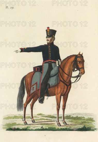 Sergeant, on horseback, Artillery Train, print, A Dutch sergeant of the artillery train, on horseback. Plate 29. Uniform representation in 'Description of the Royal Dutch Troops' by JF Teupken, 1823., printmaker: K. Portman, Netherlands, after drawing by J. and VH, publisher: Jan Frederik Teupken, publisher: Gebroeders van Cleef, printer (person): Giunta d'Albani, Gebroeders, The Hague, 1823, K. Portman, J. en VH, Jan Frederik Teupken, Gebroeders van Cleef, Giunta d'Albani, printer (person), paper, etching, engraving, hand coloring, etching and engraving, hand colored, height 300 mm x width 205 mm, (military) uniforms, uniform, Period, 1820 - 1823, A man in a dark military uniform with a tall hat and white gloves sits astride a chestnut horse, the rider extending one arm outward while holding the reins with the other hand; the uniform features decorative buttons, contrasting trim, and a saddlecloth with a patterned border, and the horse wears bridle and reins and stands on grassy groun...