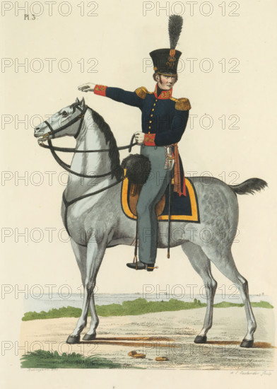 Colonel of the General Staff, (on horseback), print, A Dutch Colonel of the General Staff, on horseback. Plate 3. Uniform representation in 'Description of the Royal Dutch Troops' by JF Teupken, 1823., printmaker: Abraham Lion Zeelander, Netherlands, after drawing by Bakhuijzen, publisher: Jan Frederik Teupken, publisher: Gebroeders van Cleef, printer (person): Giunta d'Albani, Gebroeders, The Hague, 1823, Abraham Lion Zeelander, Bakhuijzen, Jan Frederik Teupken, Gebroeders van Cleef, Giunta d'Albani, printer (person), paper, etching, engraving, hand coloring, etching and engraving, hand colored, height 300 mm x width 205 mm, (military) uniforms, uniform, General Staff, Period, 1820 - 1823, A uniformed mounted officer sits upright on a light-colored horse, wearing a dark blue coat with red cuffs and collar, gold epaulettes, and a tall black shako topped with a plume; his right arm is extended outward while his left hand holds the reins, and a sword hangs at his side with decorative tas...