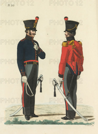 Soldier and Trumpeter, on foot, Artillery Train, print, A Dutch soldier and trumpeter of the artillery train, on foot. Plate 30. Uniform representation in 'Description of the Royal Dutch Troops' by JF Teupken, 1823., printmaker: Abraham Lion Zeelander, Netherlands, after drawing by Bartholomeus Johannes van Hove, publisher: Jan Frederik Teupken, publisher: Gebroeders van Cleef, printer (person): Giunta d'Albani, Gebroeders, The Hague, 1823, Abraham Lion Zeelander, Bartholomeus Johannes van Hove, Jan Frederik Teupken, Gebroeders van Cleef, Giunta d'Albani, printer (person), paper, etching, engraving, hand coloring, etching and engraving, hand colored, height 300 mm x width 205 mm, (military) uniforms, uniform, Period, 1820 - 1823, Two men in historical military uniforms stand facing each other on a grassy patch, both wearing tall black shakos topped with round red pompons and gold ornamentation, one seen three-quarters front in a dark blue coat with red trim and grey trousers with a red...