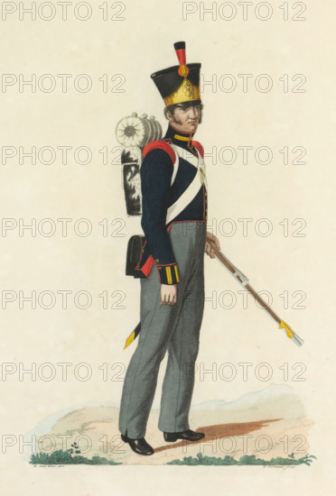 Miner or Sappeur, print, A Dutch artillery miner or sapper. Plate 31. Uniform representation in 'Description of the Royal Dutch Troops' by JF Teupken, 1823., printmaker: K. Portman, Netherlands, after drawing by Bartholomeus Johannes van Hove, publisher: Jan Frederik Teupken, publisher: Gebroeders van Cleef, printer (person): Giunta d'Albani, Gebroeders, The Hague, 1823, K. Portman, Bartholomeus Johannes van Hove, Jan Frederik Teupken, Gebroeders van Cleef, Giunta d'Albani, printer (person), paper, etching, engraving, hand coloring, etching and engraving, hand colored, height 300 mm x width 205 mm, (military) uniforms, uniform, artillery, minor, Period, 1820 - 1823, A full-length colored illustration of a uniformed soldier standing in profile, wearing a tall black and gold shako with a red plume, dark blue coat with red shoulder accents and white crossbelts, gray trousers, and black shoes, carrying a cylindrical rolled blanket and pack on his back and holding a long musket with a bayon...