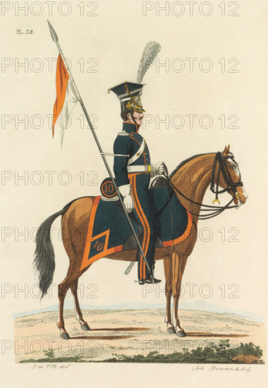 Lancer, on horseback, in full dress, print, A Dutch lancer of the 10th Lancer Regiment, on horseback in full dress. Plate 38. Uniform representation in 'Description of the Royal Dutch Troops' by JF Teupken, 1823., printmaker: Joannes Bemme, Netherlands, after drawing by J. en VH, publisher: Jan Frederik Teupken, publisher: Gebroeders van Cleef, printer (person): Giunta d'Albani, Gebroeders, The Hague, 1823, Joannes Bemme, J. en VH, Jan Frederik Teupken, Gebroeders van Cleef, Giunta d'Albani, printer (person), J. and VH, paper, etching, engraving, hand coloring, etching and engraving, hand colored, height 300 mm x width 205 mm, (military) uniforms, uniform, lancers, Period, 1820 - 1823, A mounted soldier in a dark blue uniform with orange trim sits upright on a brown horse; he wears white gloves, a tall dark shako hat with a plume, and light-colored cross belts, and he holds a long spear with a two-toned flag attached near its tip; the horse is outfitted with a dark blue saddlecloth edg...