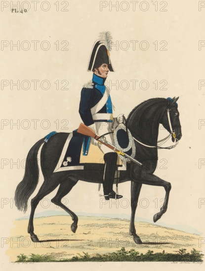Maréchaussée, on horseback, in full uniform, print, A Dutch Marechaussee in full uniform on horseback. Plate 40. Uniform representation in 'Description of the Royal Dutch Troops' by JF Teupken, 1823., printmaker: Joannes Bemme, Netherlands, after drawing by J. en VH, publisher: Jan Frederik Teupken, publisher: Gebroeders van Cleef, printer (person): Giunta d'Albani, Gebroeders, The Hague, 1823, Joannes Bemme, J. en VH, Jan Frederik Teupken, Gebroeders van Cleef, Giunta d'Albani, printer (person), J. and VH, paper, etching, engraving, hand coloring, etching and engraving, hand colored, height 300 mm x width 205 mm, (military) uniforms, uniform, military police, Period, 1820 - 1823, A side view of a mounted soldier wearing a dark blue uniform with light blue collar and trim, white crossbelt and shoulder straps, and a tall black bicorne hat topped with a white plume, seated on a black horse with a dark mane and tail; the soldier holds a sword and a musket across his lap and wears white gl...