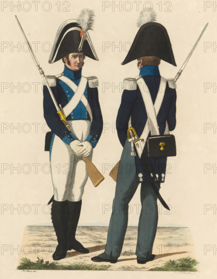 Maréchaussées, on foot, in large and small uniforms, print, Two Dutch military police on foot, in large and small uniforms. Plate 41. Uniform representation in 'Description of the Royal Dutch Troops' by JF Teupken, 1823., printmaker: Abraham Lion Zeelander, Netherlands, after drawing by Bartholomeus Johannes van Hove, publisher: Jan Frederik Teupken, publisher: Gebroeders van Cleef, printer (person): Giunta d'Albani, Gebroeders, The Hague, 1823, Abraham Lion Zeelander, Bartholomeus Johannes van Hove, Jan Frederik Teupken, Gebroeders van Cleef, Giunta d'Albani, printer (person), paper, etching, engraving, hand coloring, etching and engraving, hand colored, height 300 mm x width 205 mm, (military) uniforms, uniform, military police, Period, 1820 - 1823, Two uniformed soldiers stand side by side, one facing forward and the other showing his back, both wearing tall bicorn hats with white plumes and dark coats with bright blue collars; white cross-belts cross their chests and fringe-shoulde...