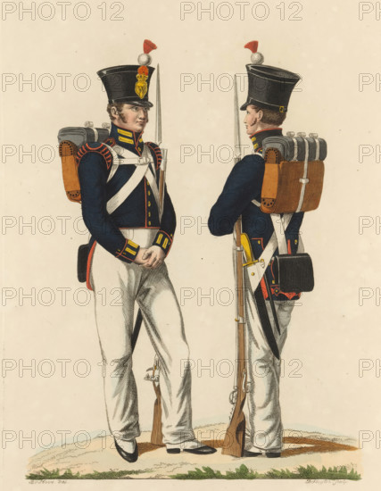 Gunner and Pioneer, Troops in the East Indies, print, A gunner of Artillery Regiment No. 5 and a pioneer (engineer) of the East Indian Pioneers Battalion, Dutch troops in the Dutch East Indies. Plate 43. Uniform representation in 'Description of the Royal Dutch Troops' by JF Teupken, 1823., printmaker: Dirk Sluyter, Netherlands, after drawing by Bartholomeus Johannes van Hove, publisher: Jan Frederik Teupken, publisher: Gebroeders van Cleef, printer (person): Giunta d'Albani, Gebroeders, The Hague, 1823, Dirk Sluyter, Bartholomeus Johannes van Hove, Jan Frederik Teupken, Gebroeders van Cleef, Giunta d'Albani, printer (person), paper, etching, engraving, hand coloring, etching and engraving, hand colored, height 300 mm x width 205 mm, (military) uniforms, uniform, pioneers, Dutch East Indies, The, Period, 1820 - 1823, Two men in dark blue military coats and white trousers stand facing each other, each wearing tall black shakos topped with a small round pompom and a red plume, the shako ...