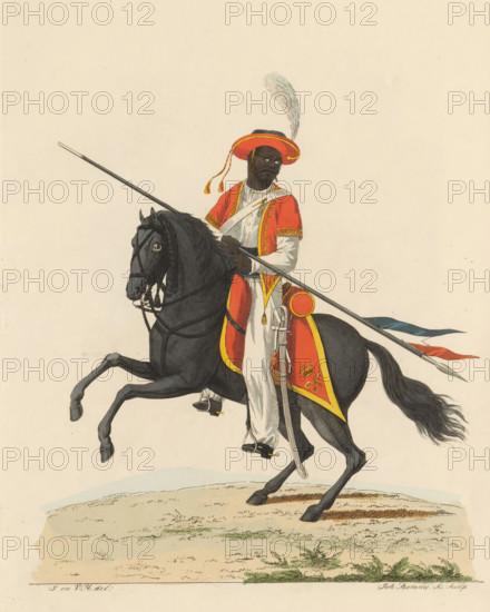 Bengali Lancer, on horseback, idem, Troops in the East Indies, print, A Bengal lancer in full dress. Foreign troops in Dutch service in the East Indies. Plate 46. Uniform representation in 'Description of the Royal Dutch Troops' by JF Teupken, 1823., printmaker: Joannes Bemme, Netherlands, after drawing by J. en VH, publisher: Jan Frederik Teupken, publisher: Gebroeders van Cleef, printer (person): Giunta d'Albani, Gebroeders, The Hague, 1823, Joannes Bemme, J. en VH, Jan Frederik Teupken, Gebroeders van Cleef, Giunta d'Albani, printer (person), J. and VH, paper, etching, engraving, hand coloring, etching and engraving, hand colored, height 300 mm x width 205 mm, (military) uniforms, uniform, lancers, Dutch East Indies, The, Period, 1820 - 1823, A dark-skinned man in a red and white ornate uniform sits astride a rearing black horse; he wears a red hat with yellow trim and a long white feather, a red coat with gold trim over white sleeves, white trousers, and black gloves, and he holds ...