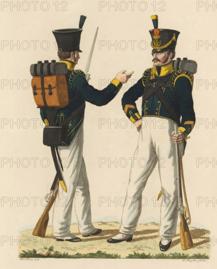 Sergeant of the Flankers and Hunter of the Hunter Corps in the West Indies, print, A Dutch sergeant and a hunter of the Hunter Corps in the West Indies. Plate 47. Uniform representation in 'Description of the Royal Dutch Troops' by JF Teupken, 1823., printmaker: Dirk Sluyter, Netherlands, after drawing by Bartholomeus Johannes van Hove, publisher: Jan Frederik Teupken, publisher: Gebroeders van Cleef, printer (person): Giunta d'Albani, Gebroeders, The Hague, 1823, Dirk Sluyter, Bartholomeus Johannes van Hove, Jan Frederik Teupken, Gebroeders van Cleef, Giunta d'Albani, printer (person), paper, etching, engraving, hand coloring, etching and engraving, hand colored, height 300 mm x width 205 mm, (military) uniforms, uniform, hunters, flankeurs, West Indies, Period, 1820 - 1823, Two men stand facing each other wearing dark blue military jackets with yellow trim and braided epaulettes, tall black hats with decorative plumes and bands, light-colored trousers, and black shoes; each man carri...