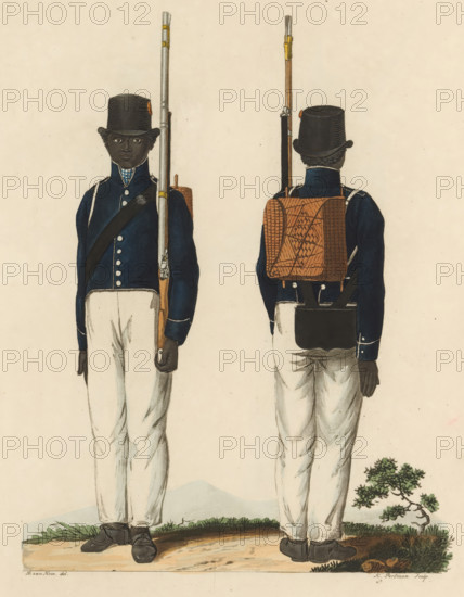 Colonial Guides of Suriname, front and back view, print, A Surinamese guide of the Colonial Guides Corps in Suriname, seen from the front and from the back. Plate 48. Uniform representation in 'Description of the Royal Dutch Troops' by JF Teupken, 1823., printmaker: K. Portman, Netherlands, after drawing by Bartholomeus Johannes van Hove, publisher: Jan Frederik Teupken, publisher: Gebroeders van Cleef, printer (person): Giunta d'Albani, Gebroeders, The Hague, 1823, K. Portman, Bartholomeus Johannes van Hove, Jan Frederik Teupken, Gebroeders van Cleef, Giunta d'Albani, printer (person), paper, etching, aquatint, hand coloring, etching and aquatint, hand colored, height 300 mm x width 205 mm, (military) uniforms, uniform, guides, Suriname, Period, 1820 - 1823, Two uniformed men stand side by side, one facing forward and the other shown from the back; both wear dark tall hats with a small round patch, dark blue jackets with high collars and white trousers, dark shoes, and carry long musk...