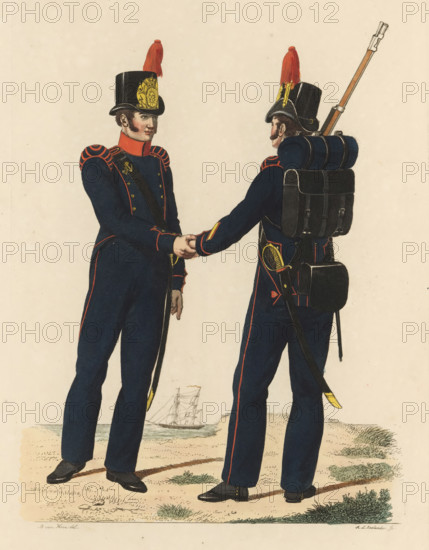 Marines, front and back-to-back, print, Two Dutch marines of the Marine Corps. One marine seen from the front and one marine with a knapsack on his back. A sailing ship in the background. Plate 49. Uniform representation in 'Description of the Royal Dutch Troops' by JF Teupken, 1823., printmaker: Abraham Lion Zeelander, Netherlands, after drawing by Bartholomeus Johannes van Hove, publisher: Jan Frederik Teupken, publisher: Gebroeders van Cleef, printer (person): Giunta d'Albani, Gebroeders, The Hague, 1823, Abraham Lion Zeelander, Bartholomeus Johannes van Hove, Jan Frederik Teupken, Gebroeders van Cleef, Giunta d'Albani, printer (person), paper, etching, engraving, hand coloring, etching and engraving, hand colored, height 300 mm x width 205 mm, (military) uniforms, uniform, Period, 1820 - 1823, Two uniformed men stand facing each other on sandy ground with sparse grass, one shown three-quarter front and the other shown from behind; both wear dark blue coats with red trim and matchin...