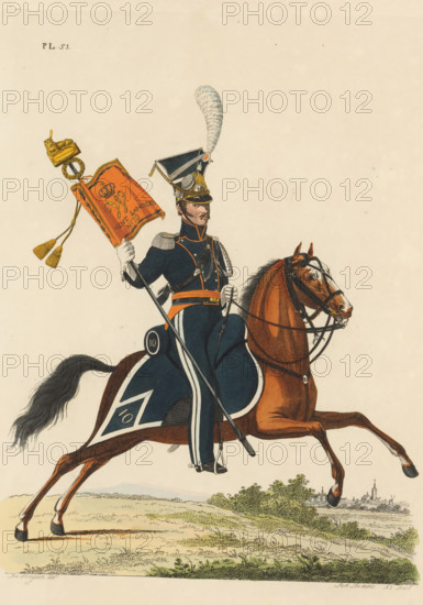 Cornet of the Lancers, in full dress, on horseback, with the Standard, print, A Dutch cornet of the lancers of the Lancer Regiment No. 10 in full dress and with standard, seated on a horse. Plate 51. Uniform representation in 'Description of the Royal Dutch Troops' by JF Teupken, 1823., printmaker: Joannes Bemme, Netherlands, after drawing by Bakhuijzen, publisher: Jan Frederik Teupken, publisher: Gebroeders van Cleef, printer (person): Giunta d'Albani, Gebroeders, The Hague, 1823, Joannes Bemme, Bakhuijzen, Jan Frederik Teupken, Gebroeders van Cleef, Giunta d'Albani, printer (person), paper, etching, engraving, hand coloring, etching and engraving, hand colored, height 300 mm x width 205 mm, (military) uniforms, horn, trumpet, cornet, trombone, tuba, uniform, lancers, Period, 1820 - 1823, A mounted soldier in a dark blue uniform with white and orange trim sits upright on a galloping brown horse; the soldier wears a tall decorative helmet with a white plume and gold detailing, white gl...