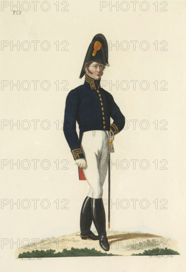 Agent of the Department of War, in gala uniform, print, A Dutch agent of the Department of War, in gala uniform. Plate 7. Uniform representation in 'Description of the Royal Dutch Troops' by JF Teupken, 1823., printmaker: Dirk Sluyter, Netherlands, after drawing by Bartholomeus Johannes van Hove, publisher: Jan Frederik Teupken, publisher: Gebroeders van Cleef, printer (person): Giunta d'Albani, Gebroeders, The Hague, 1823, Dirk Sluyter, Bartholomeus Johannes van Hove, Jan Frederik Teupken, Gebroeders van Cleef, Giunta d'Albani, printer (person), paper, etching, engraving, hand coloring, etching and engraving, hand colored, height 300 mm x width 205 mm, Person, Ministry of War, (military) uniforms, uniform, Period, 1820 - 1823, A full-length color illustration of a man standing on a patch of grass wearing a dark blue military-style coat with a high collar and gold trim and buttons, white trousers tucked into tall black boots, white gloves, and a tall black bicorne hat decorated with a ...