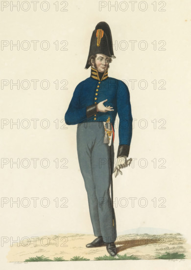 Surgeon-Major or Officer of Health of the 1st class, print, A Dutch surgeon-major or Officer of Health of the 1st class. Plate 8. Uniform representation in 'Description of the Royal Dutch Troops' by JF Teupken, 1823., printmaker: Dirk Sluyter, Netherlands, after drawing by Johannes Hari (I), publisher: Jan Frederik Teupken, publisher: Gebroeders van Cleef, printer (person): Giunta d'Albani, Gebroeders, The Hague, 1823, Dirk Sluyter, Johannes Hari (I), Jan Frederik Teupken, Gebroeders van Cleef, Giunta d'Albani, printer (person), paper, etching, engraving, hand coloring, etching and engraving, hand colored, height 300 mm x width 205 mm, (military) uniforms, uniform, Period, 1820 - 1823, A full-length illustration of a man standing in a blue military-style coat with gold buttons and a high collar, wearing dark grey trousers and black shoes; he has a tall black bicorne hat with a decorative orange and gold plume, sideburned hair, and a neutral facial expression, one hand held across his c...